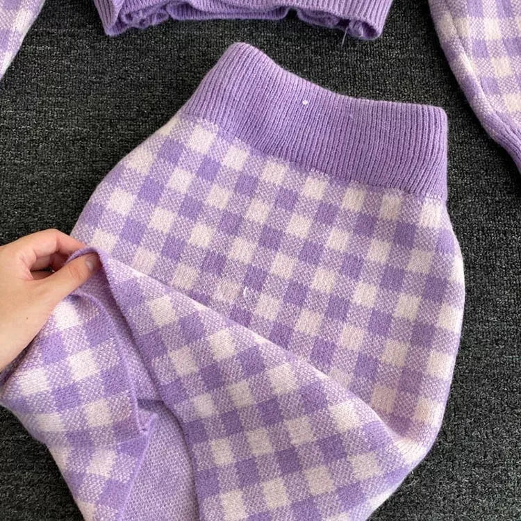Korean Sweet Knit Plaid Cardigans & Camisole & Skirts 3pcs Sets Lavender Periwinkley Shop