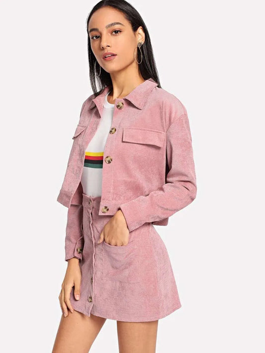 Corduroy Pocket Decoration Top With Button Front Utility Skirt Periwinkley Shop
