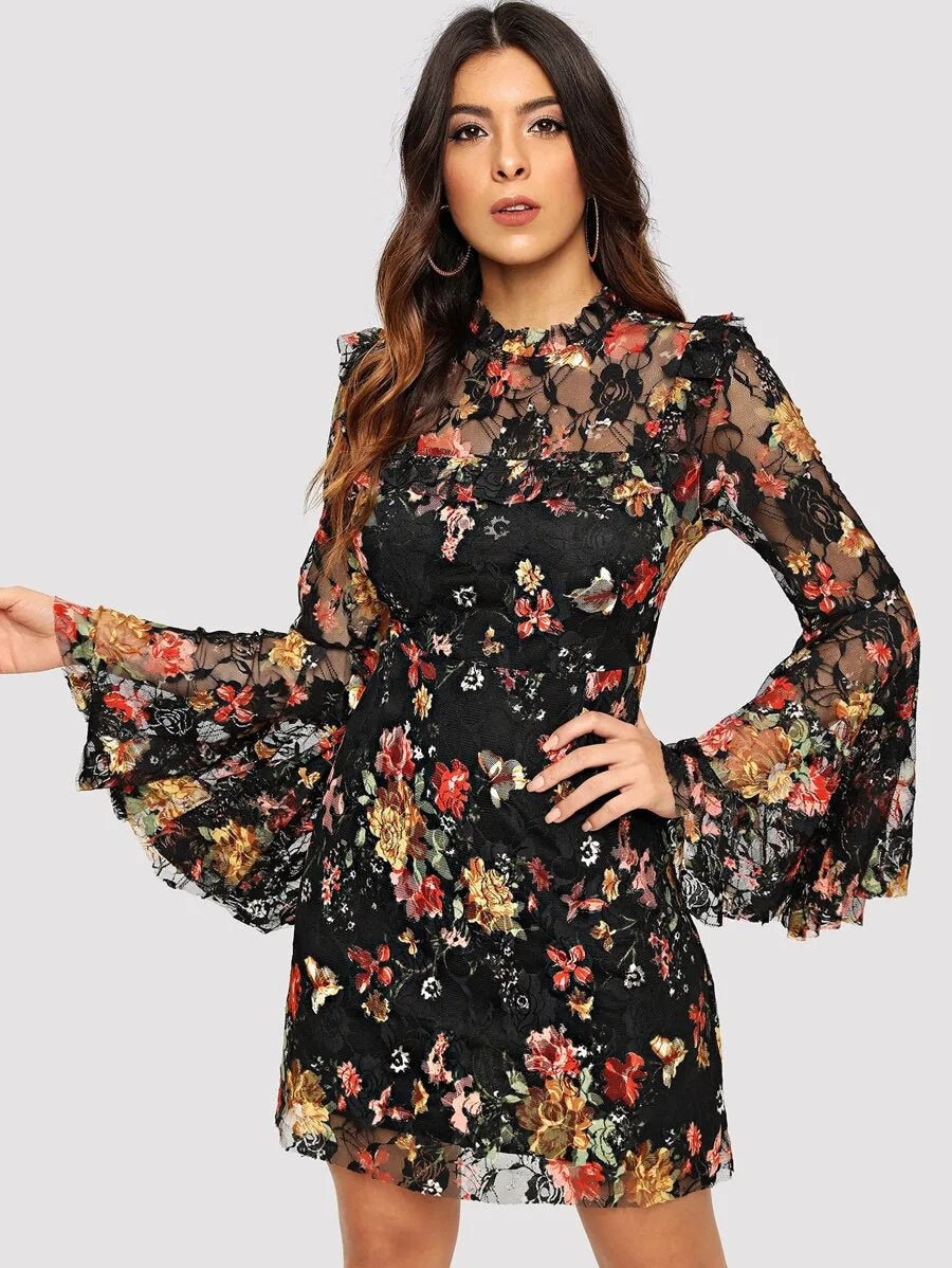Bell Sleeve Floral Lace Dress Periwinkley Shop