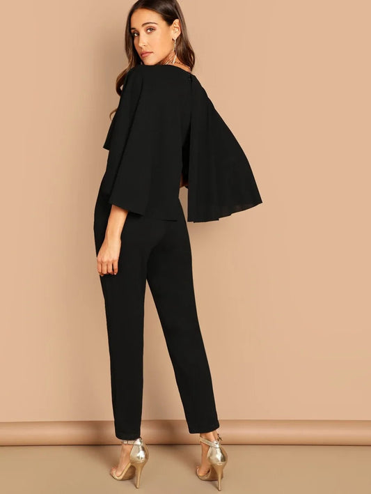V-Neck Solid Cape Jumpsuit Periwinkley Shop