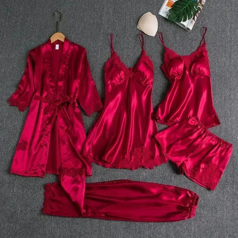 Victoria Summer Silk Pajamas 5 Piece loungewear - Burgundy Periwinkley Shop