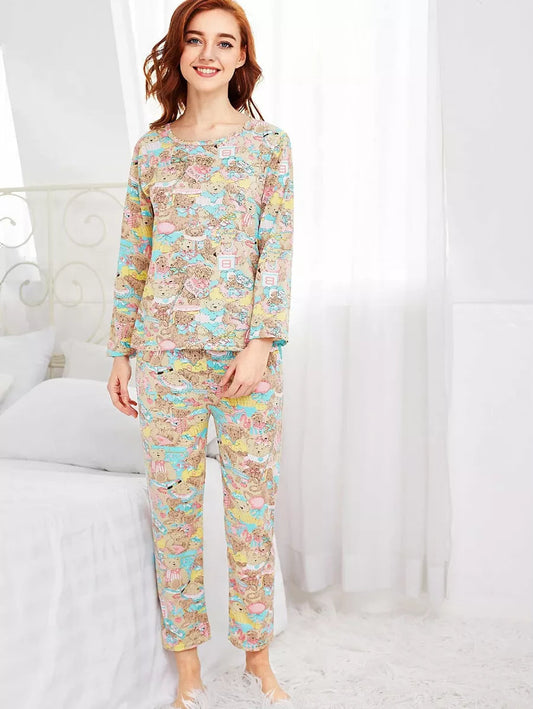 all over cartoon bear print tee and pants set Periwinkley Shop