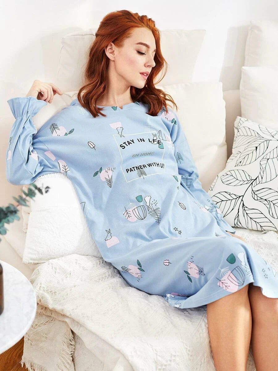 cartoon print night dress with buttons