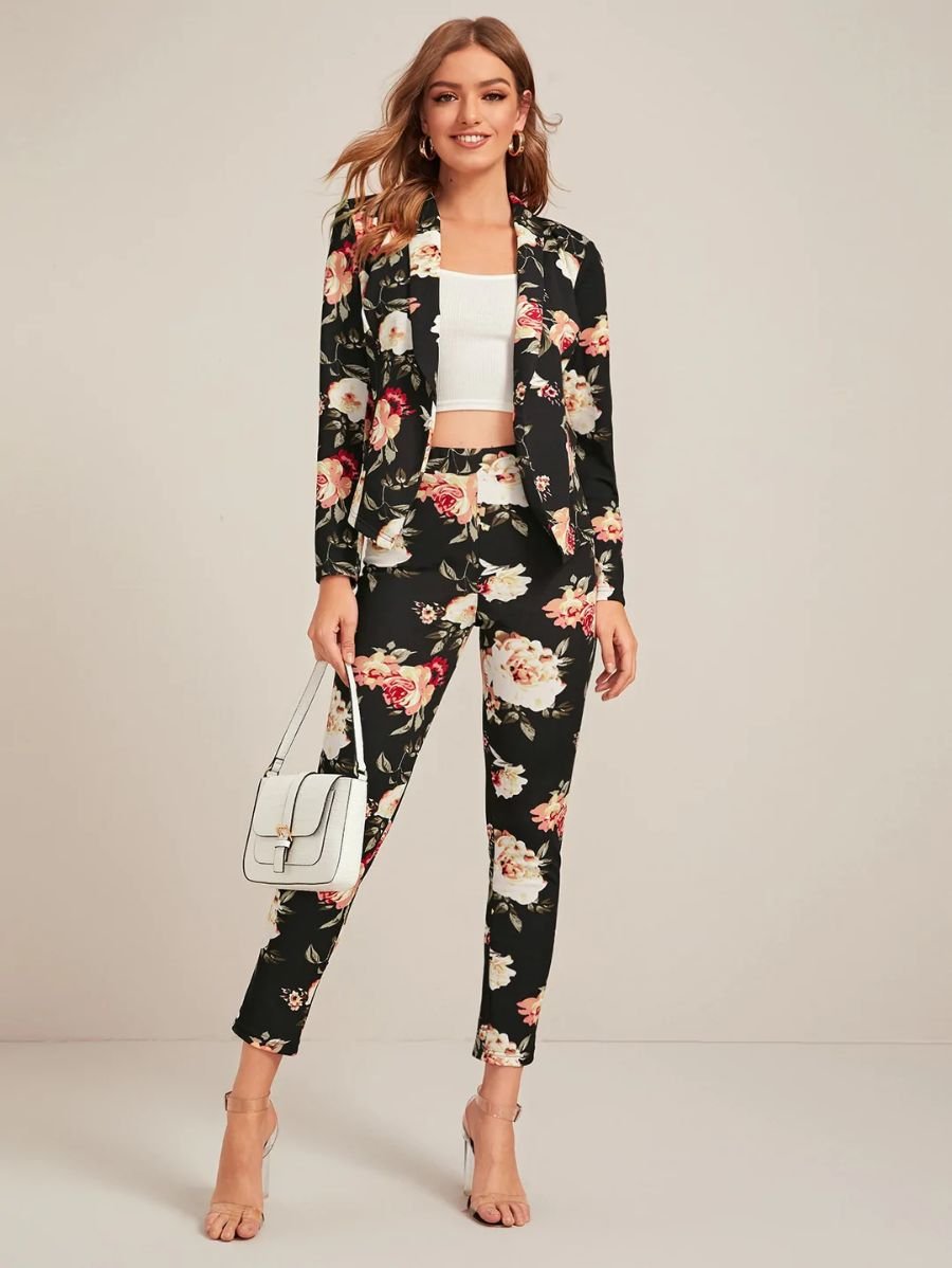 Shawl Collar Floral Blazer and Pants Set Periwinkley Shop