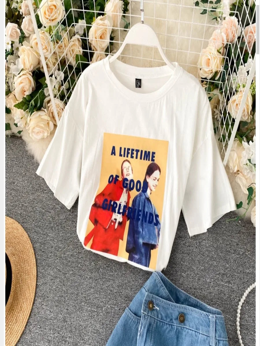 Graphic print T-shirt and side cut denim skirt set Periwinkley Shop