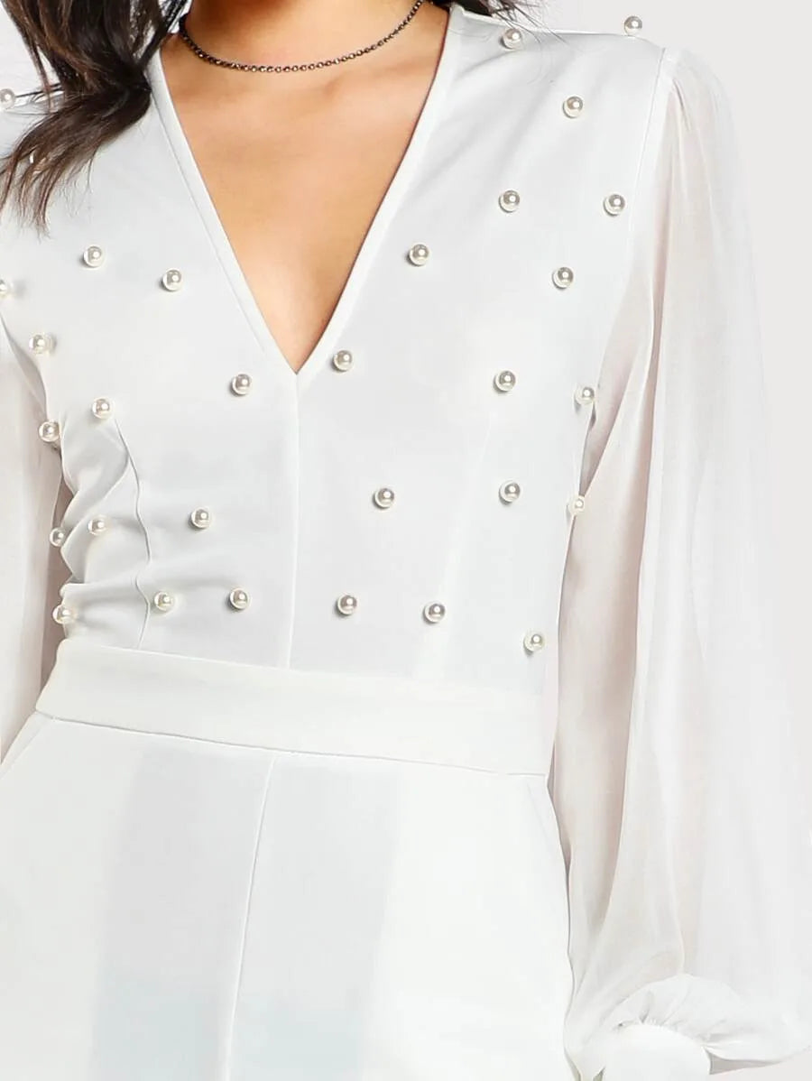 Plunging Pearl Embellished Lantern Sleeve Flared Jumpsuit Periwinkley Shop