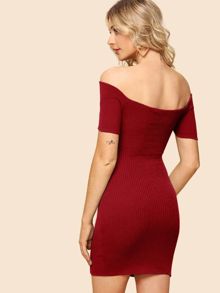 Cross Over Bardot Rib Knit Dress Periwinkley Shop