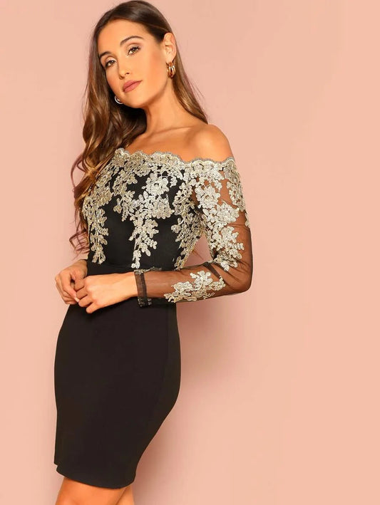 Embroidered Mesh Bodice Bardot Dress Periwinkley Shop