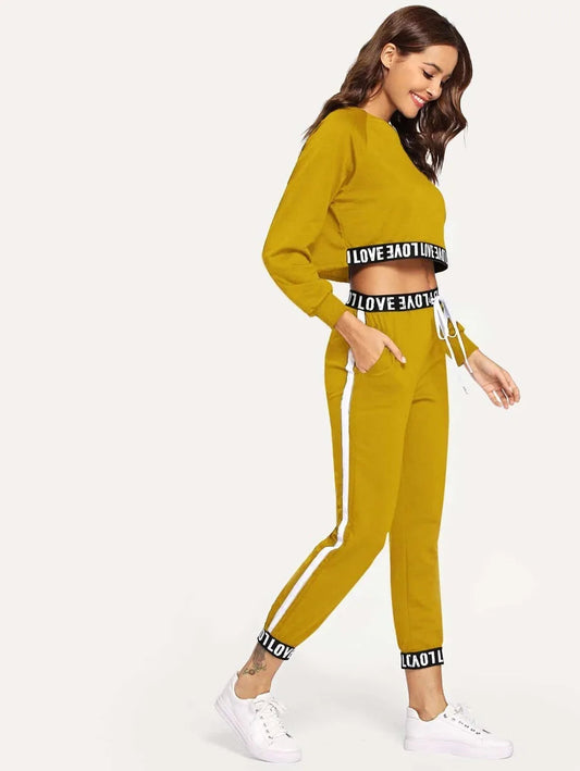 Contrast Letter Taped Top With Pants Periwinkley Shop