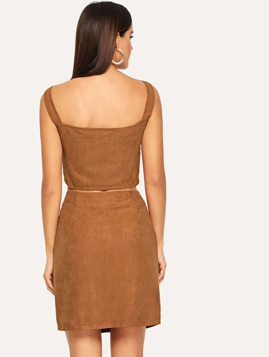 Button Front Crop Top and Skirt Set Periwinkley Shop