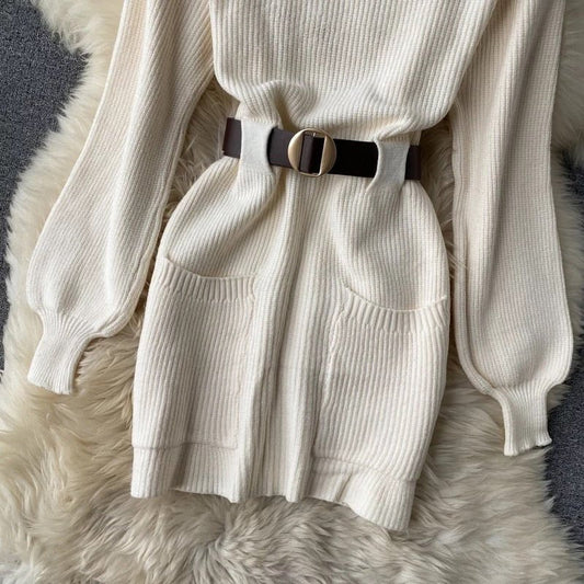 Guilantu Knitting Spring Autumn Turtleneck Puff Sleeve dress - White Periwinkley Shop