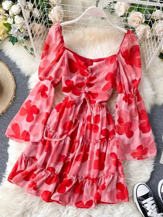 Flared Sleeves Red Printed Elegant Short Hollow out Cute Dress Periwinkley Shop