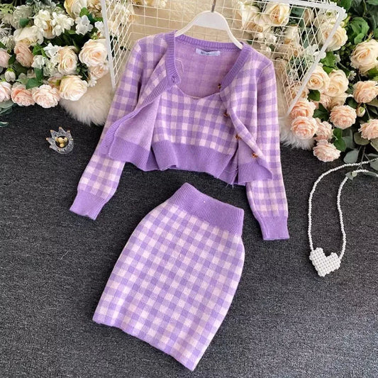 Korean Sweet Knit Plaid Cardigans & Camisole & Skirts 3pcs Sets Lavender Periwinkley Shop