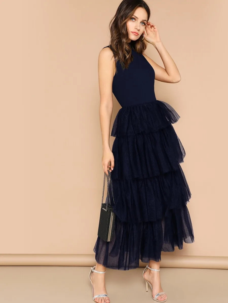 Frilled Neckline Layered Mesh Ruffle Hem One Piece Dress Periwinkley Shop