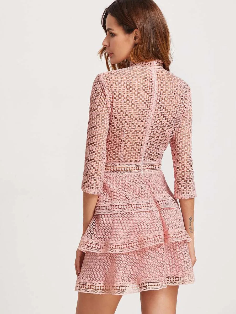 Pink high neck 3/4 sleeve layered dotted crochet dress Periwinkley Shop