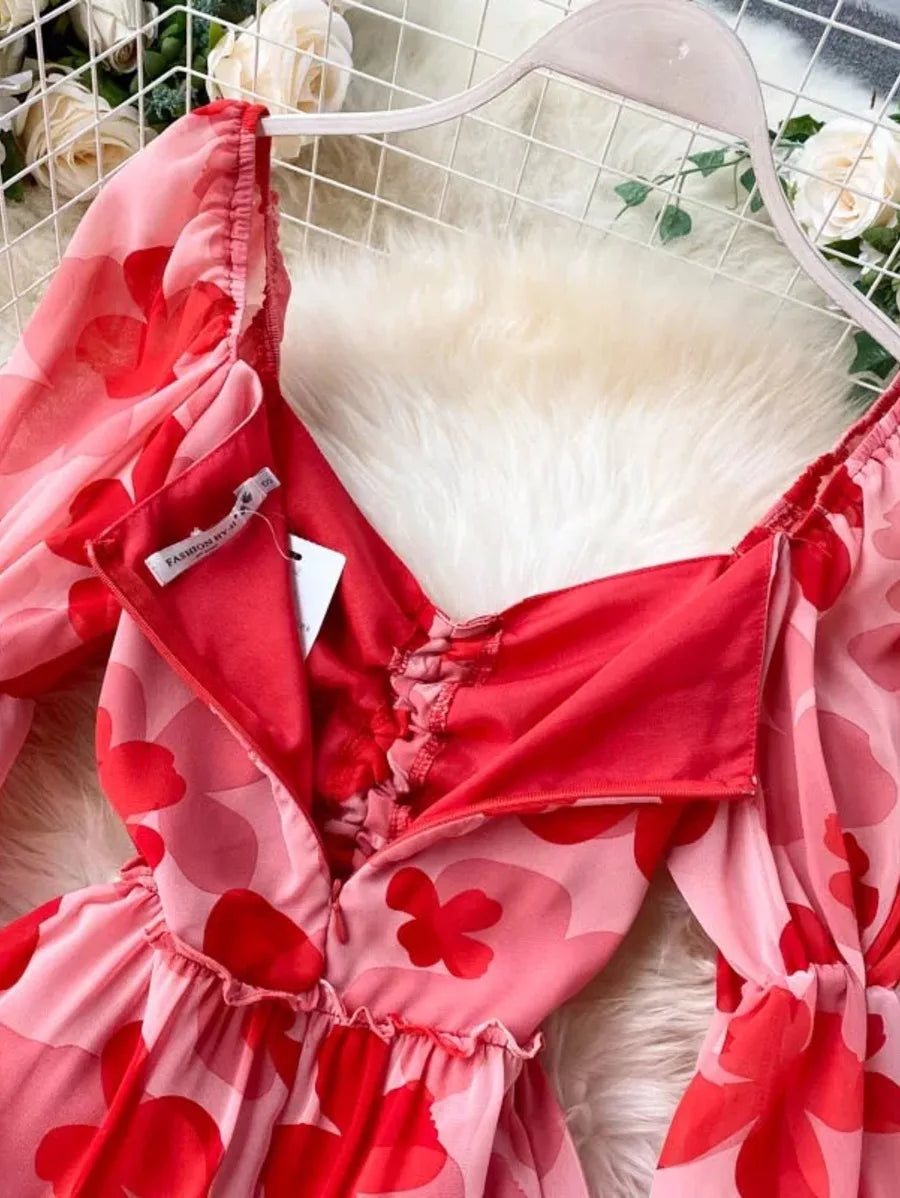 Flared Sleeves Red Printed Elegant Short Hollow out Cute Dress Periwinkley Shop