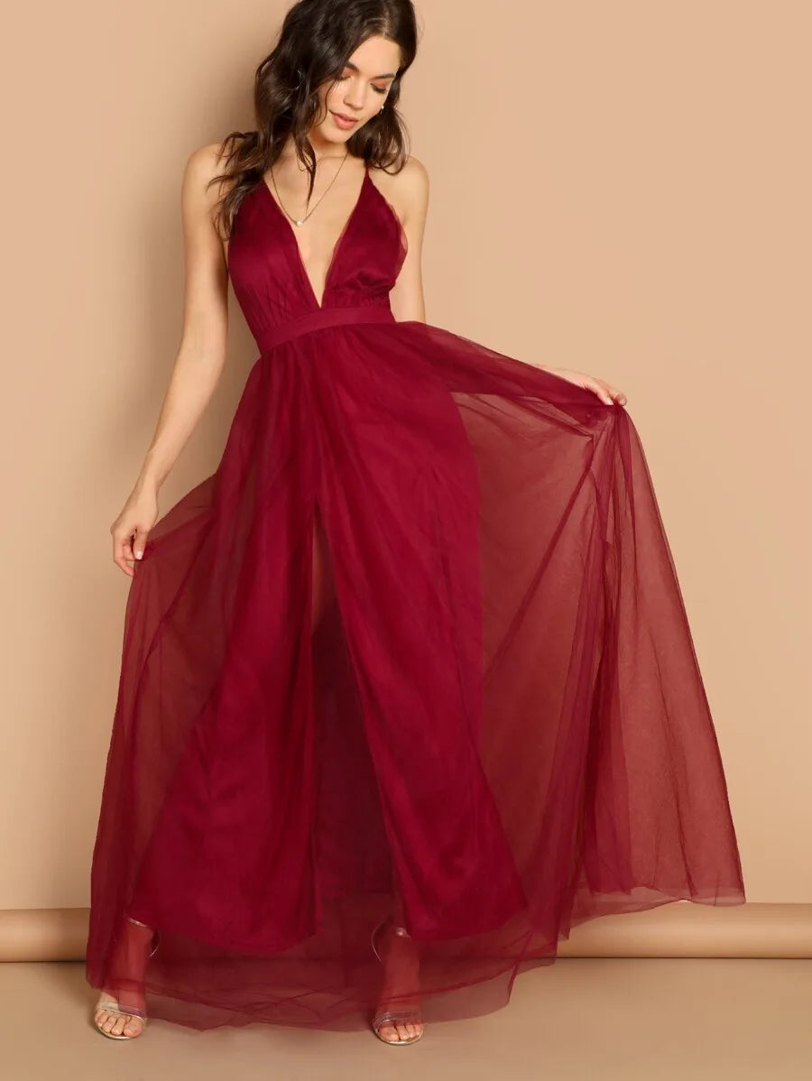 Plunging Neck Mesh-Overlay Maxi Dress-Burgundy Periwinkley Shop