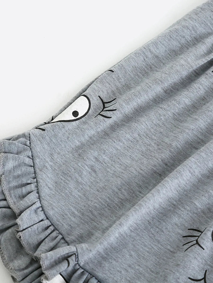 Cartoon Print Frill Trim Cami Pajama Set Periwinkley Shop