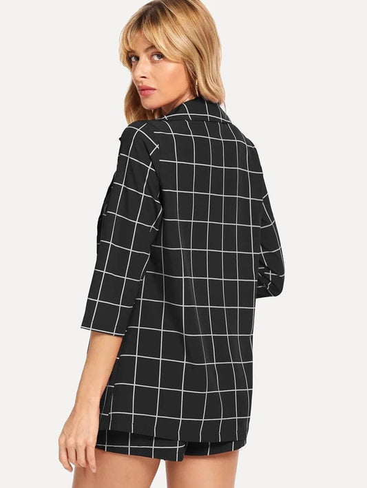 Plaid Blazer With Self Tie Waist Shorts Periwinkley Shop