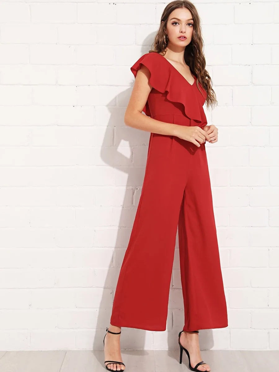 Ruffle Trim Zip Back Wide Leg Jumpsuit Periwinkley Shop
