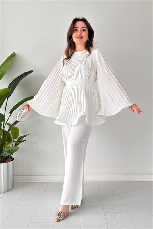 Women's Fashion Casual Belt Pleated Loose Top Wide Leg Pants Two Piece Set- White Periwinkley Shop