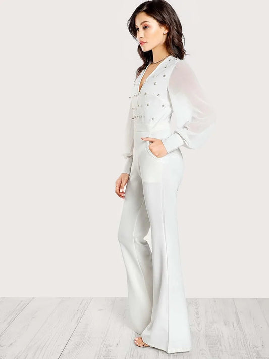 Plunging Pearl Embellished Lantern Sleeve Flared Jumpsuit Periwinkley Shop
