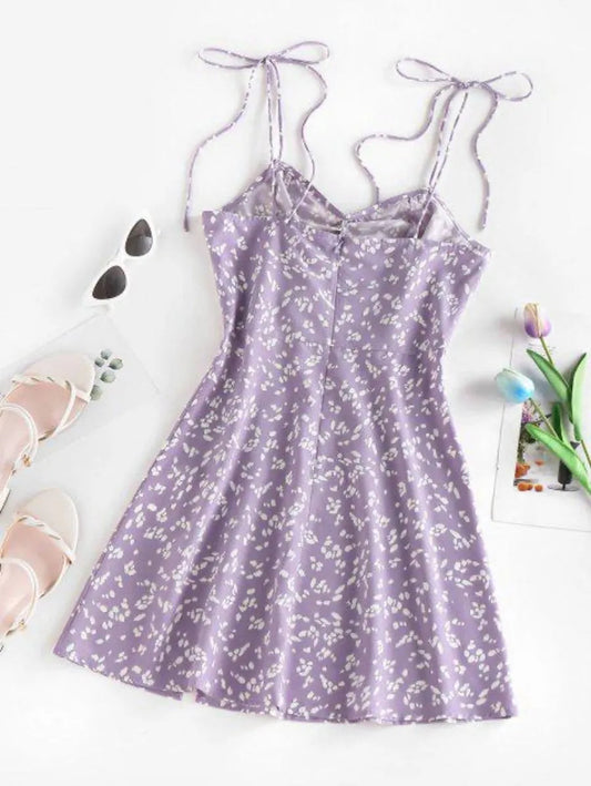 Ditsy Print Tied Shoulder Cami Slit Dress Periwinkley Shop