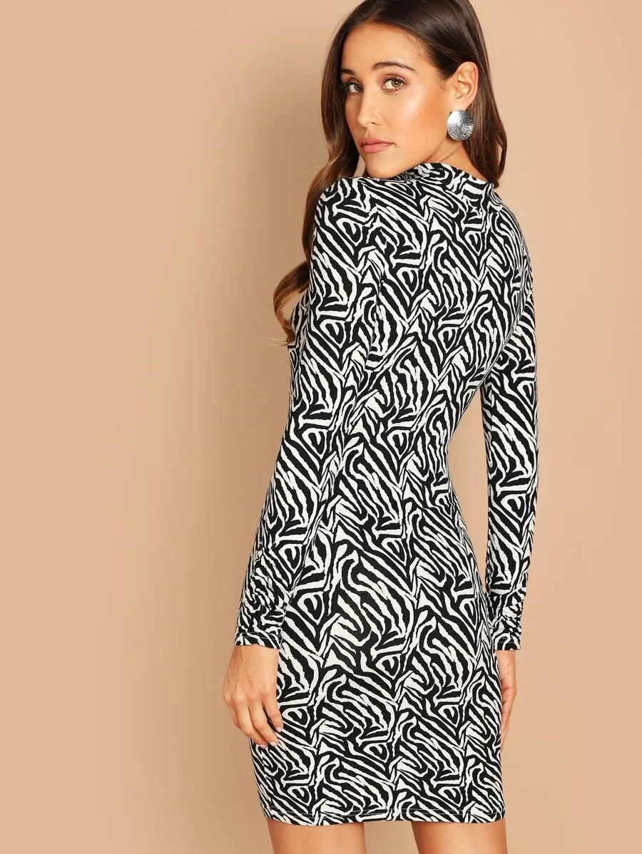 Mock-neck Zebra Print Bodycon Dress Periwinkley Shop