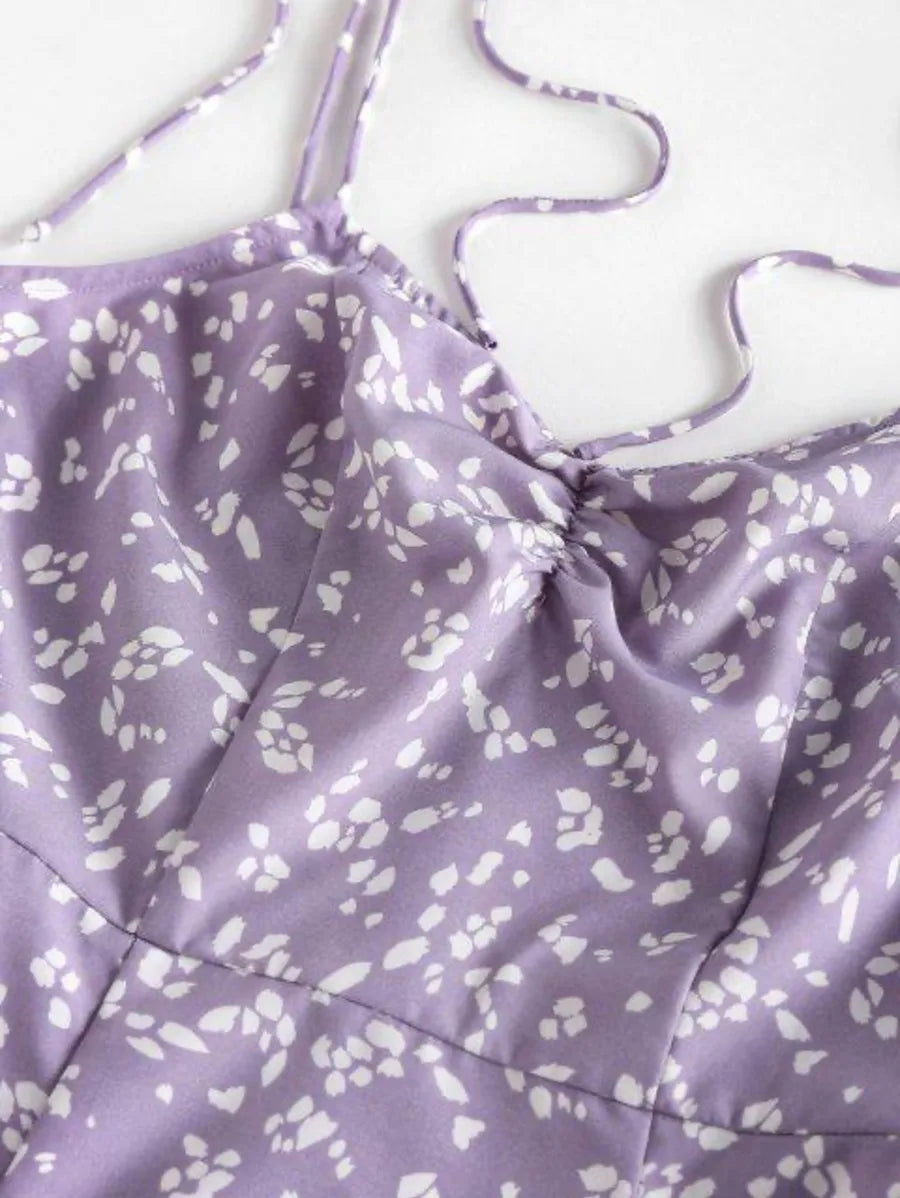 Ditsy Print Tied Shoulder Cami Slit Dress Periwinkley Shop