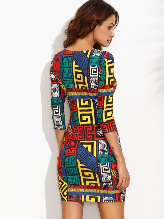 Greek Key Print Slim Fit Dress Periwinkley Shop