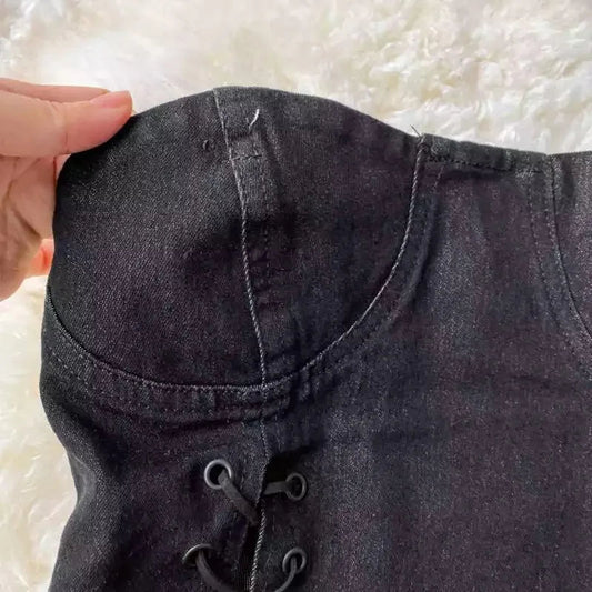 Two Piece Set Denim Short Strapless Bra Top Retro Denim Shorts Periwinkley Shop