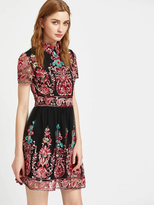 Paisley Embroidered Mesh Overlay Skater Dress Periwinkley Shop