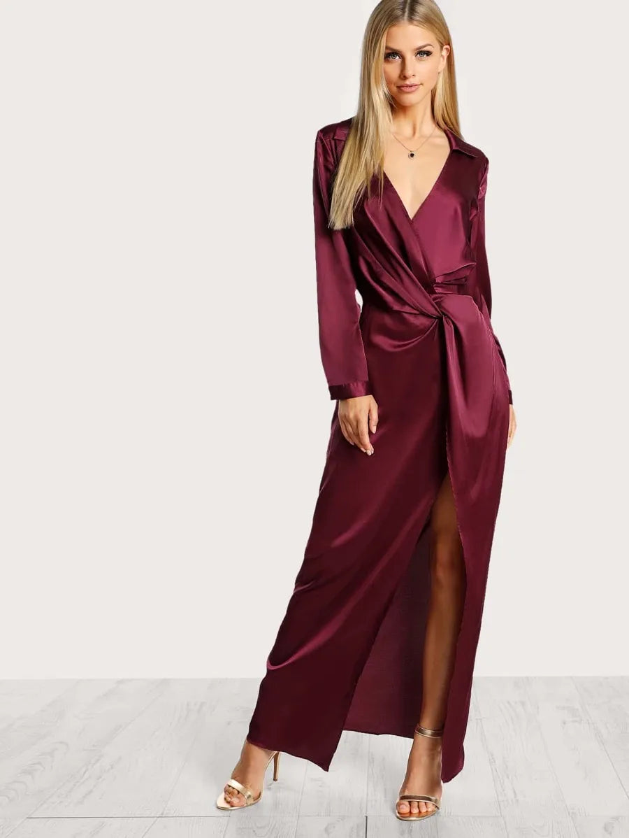 Front Twist Split Satin Wrap Dress Periwinkley Shop