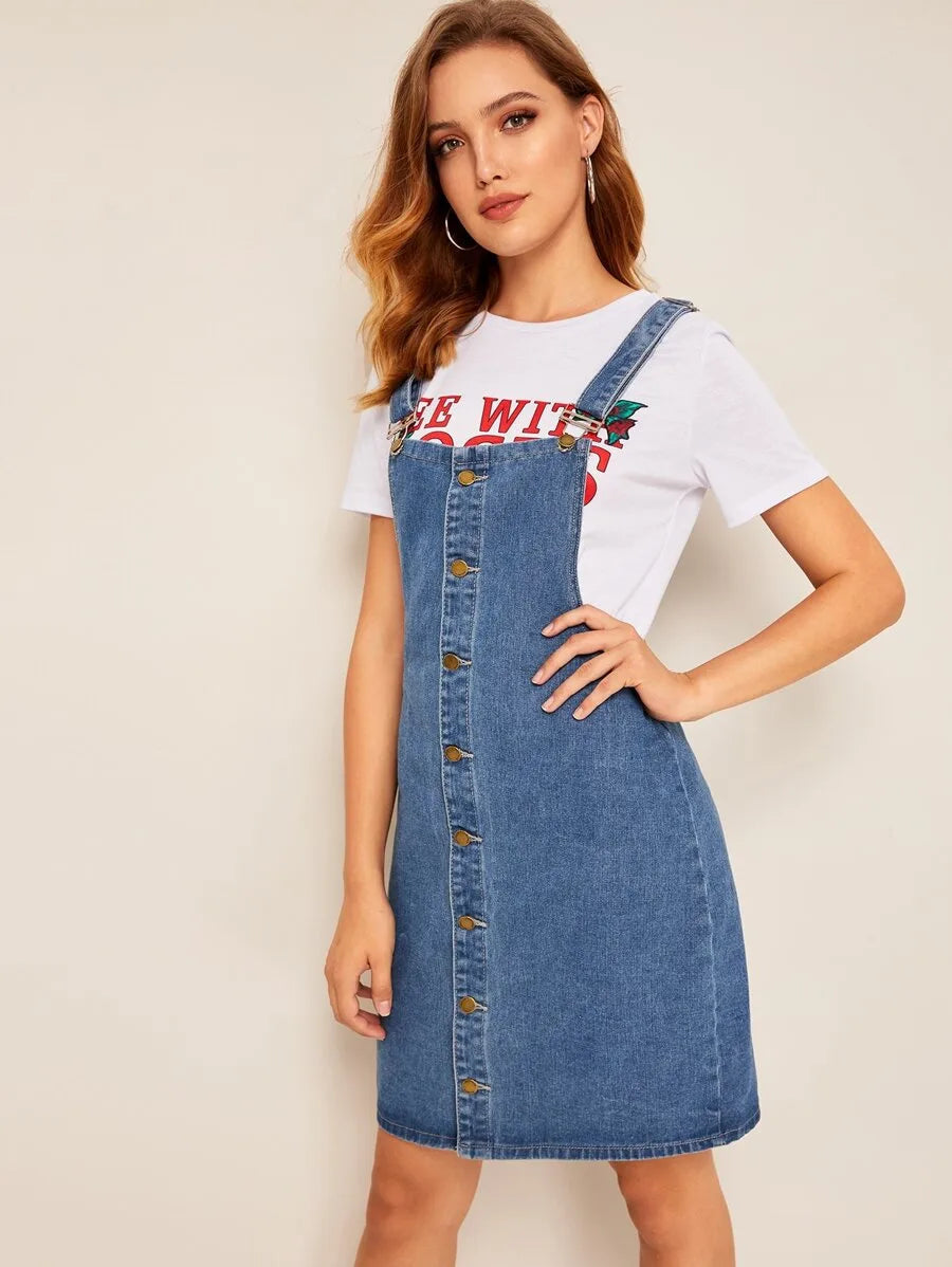 Button Up Thick Strap Y-Back Denim Dress Periwinkley Shop