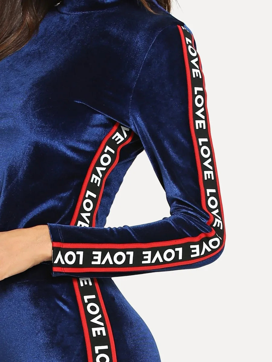 Lettered Tape Detail Velvet Top & Pants Set Periwinkley Shop