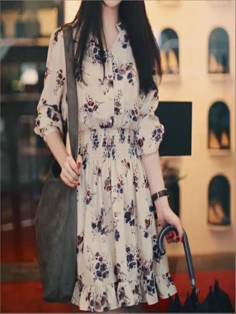 Long Sleeve floral casual dress Beige Periwinkley Shop