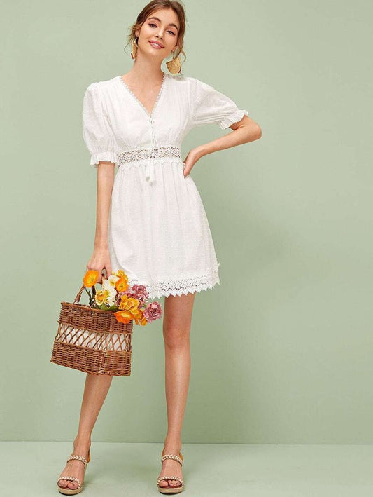 Tassel Tie Neck Guipure Lace Insert Swiss Dot Dress Periwinkley Shop