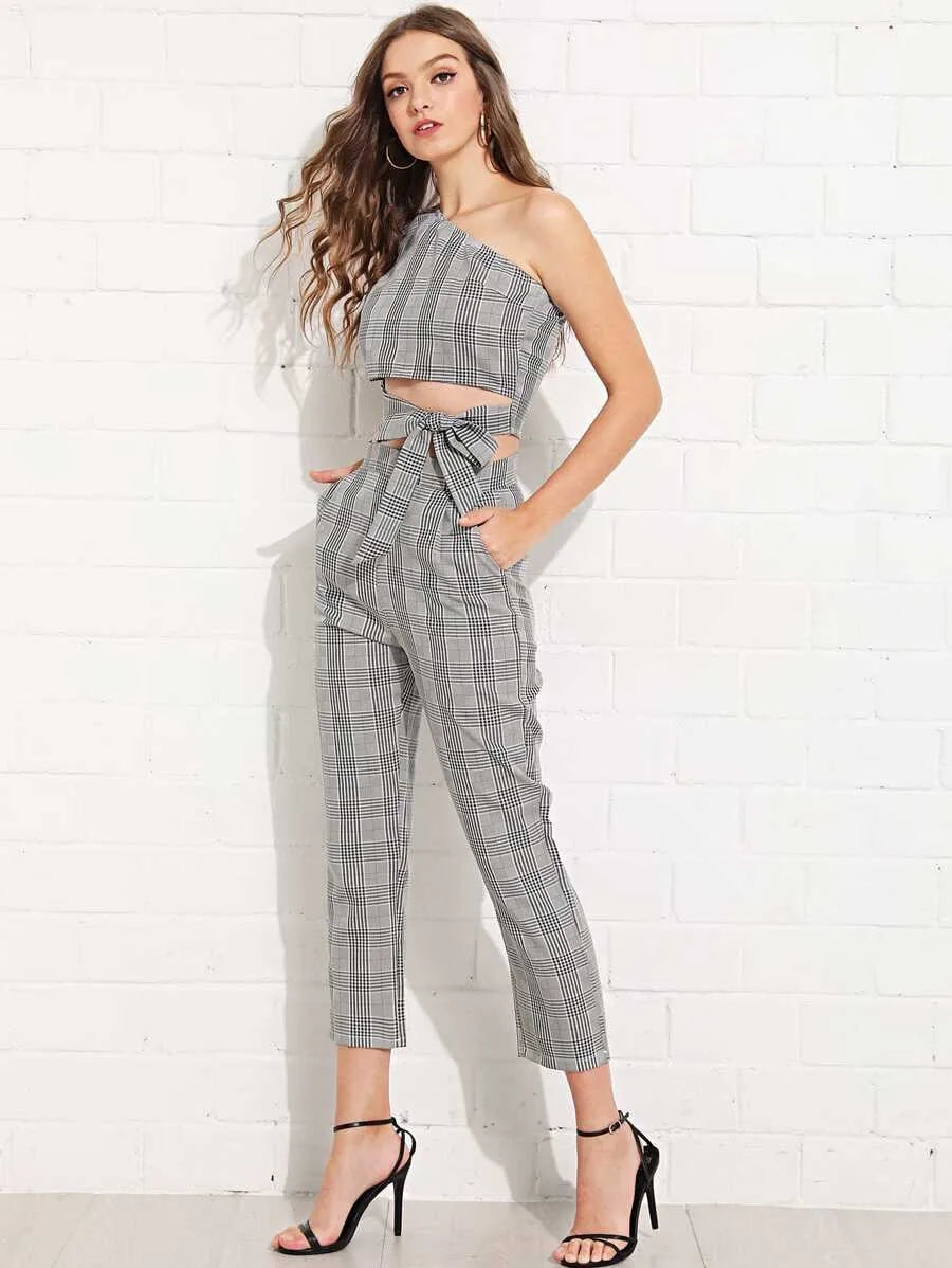 Glen plaid one shoulder knot top with pants Periwinkley Shop