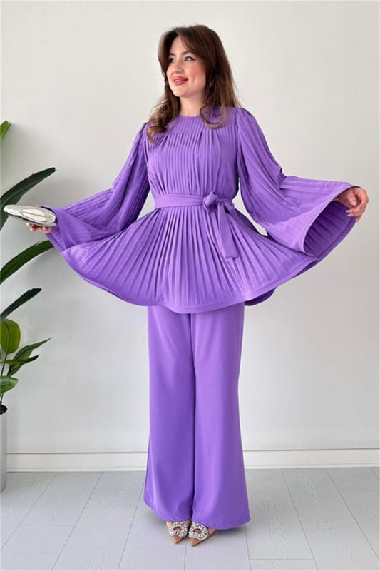 Women's Fashion Casual Belt Pleated Loose Top Wide Leg Pants Two Piece Set- purple Periwinkley Shop