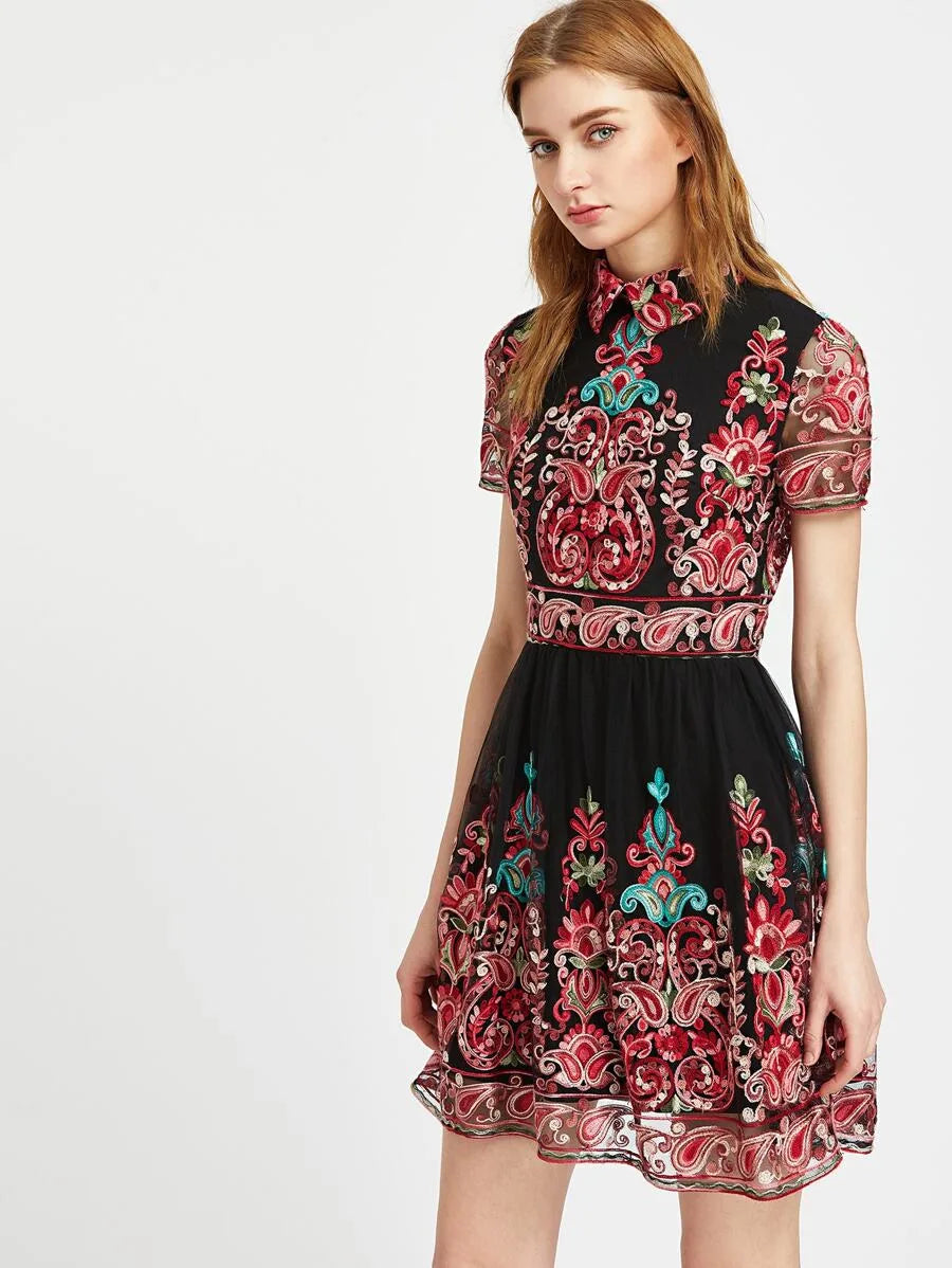 Paisley Embroidered Mesh Overlay Skater Dress Periwinkley Shop