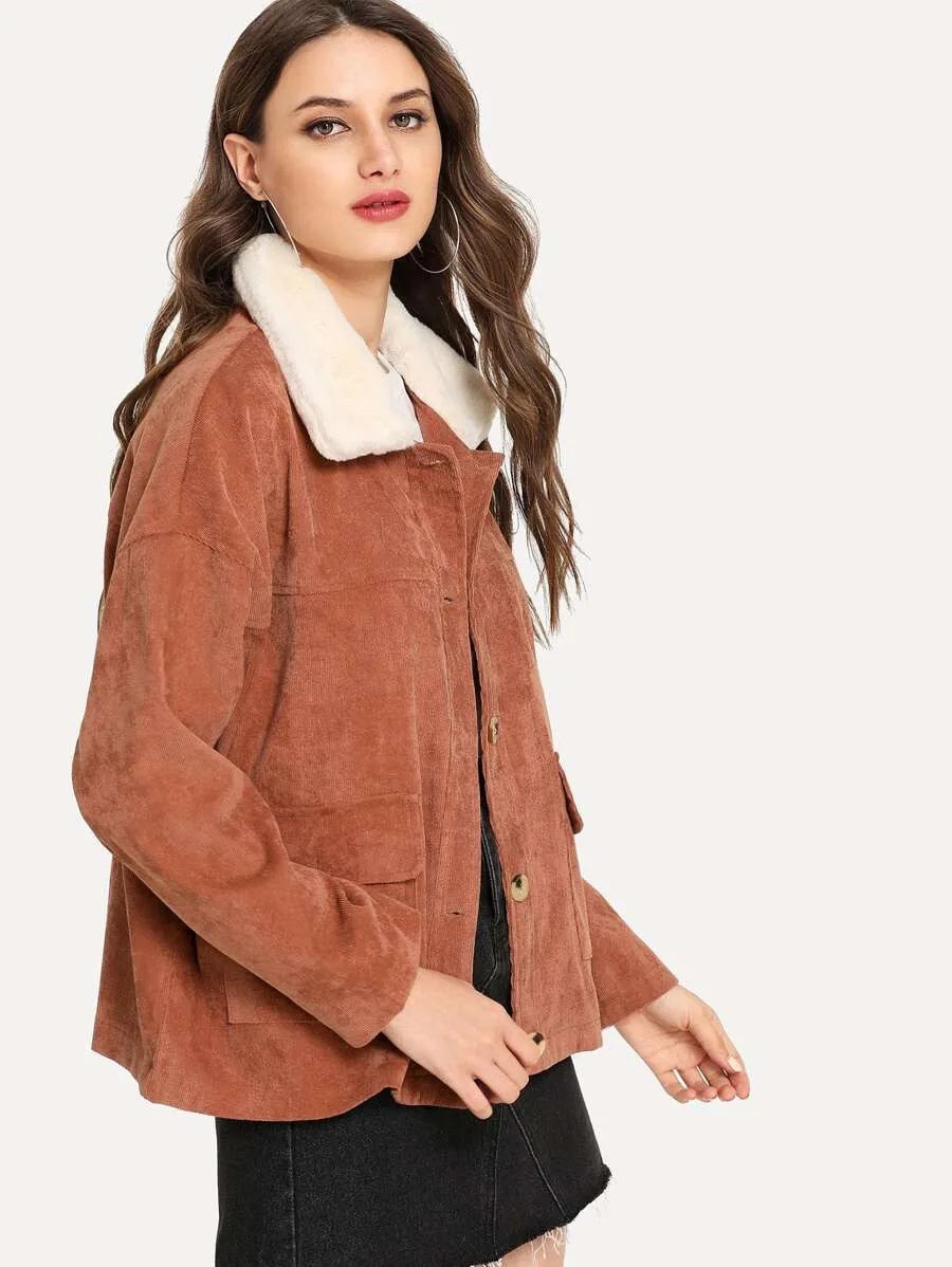 Button Front Pocket Detail Corduroy Coat Periwinkley Shop