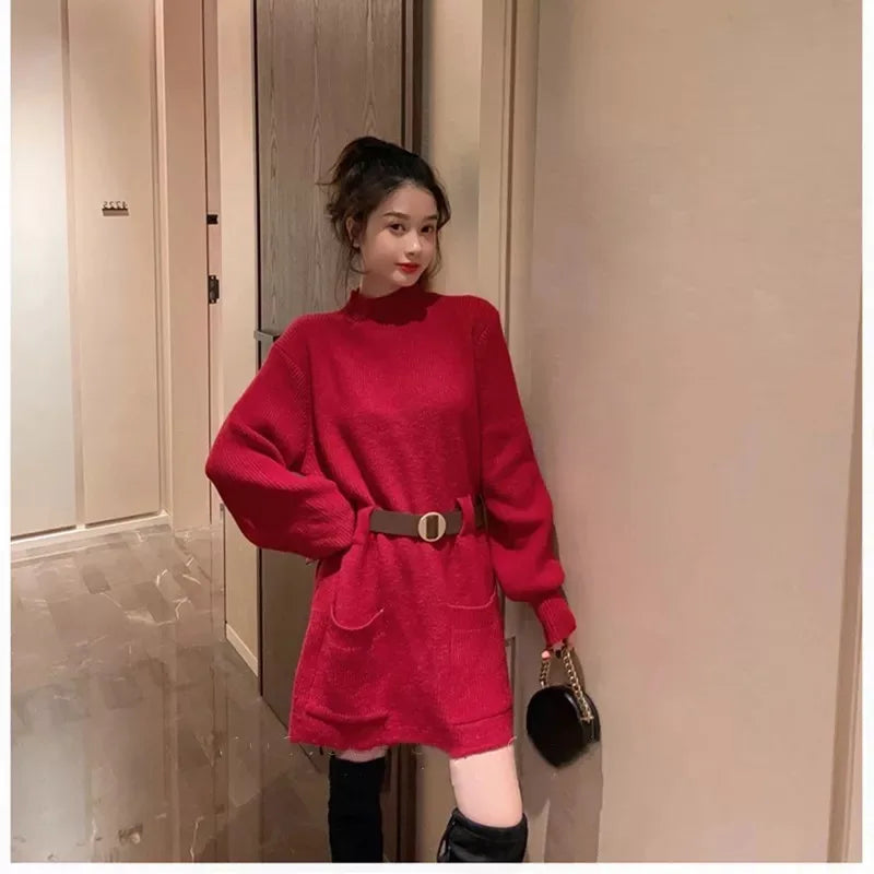 Guilantu Knitting Spring Autumn Turtleneck Puff Sleeve dress - Red Periwinkley Shop