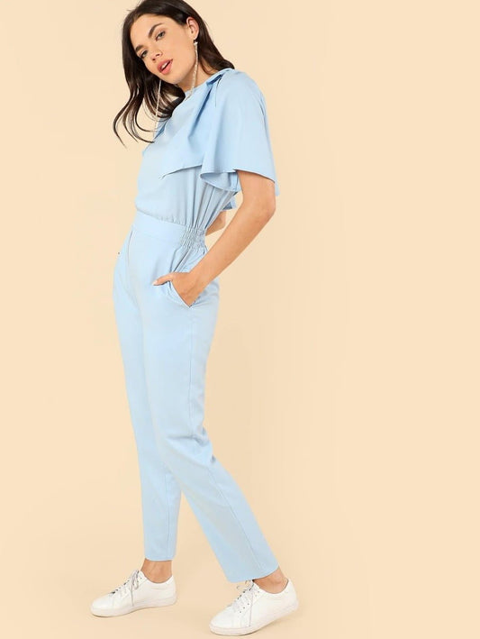 Tie Shoulder Elastic Waist Jumpsuit Periwinkley Shop