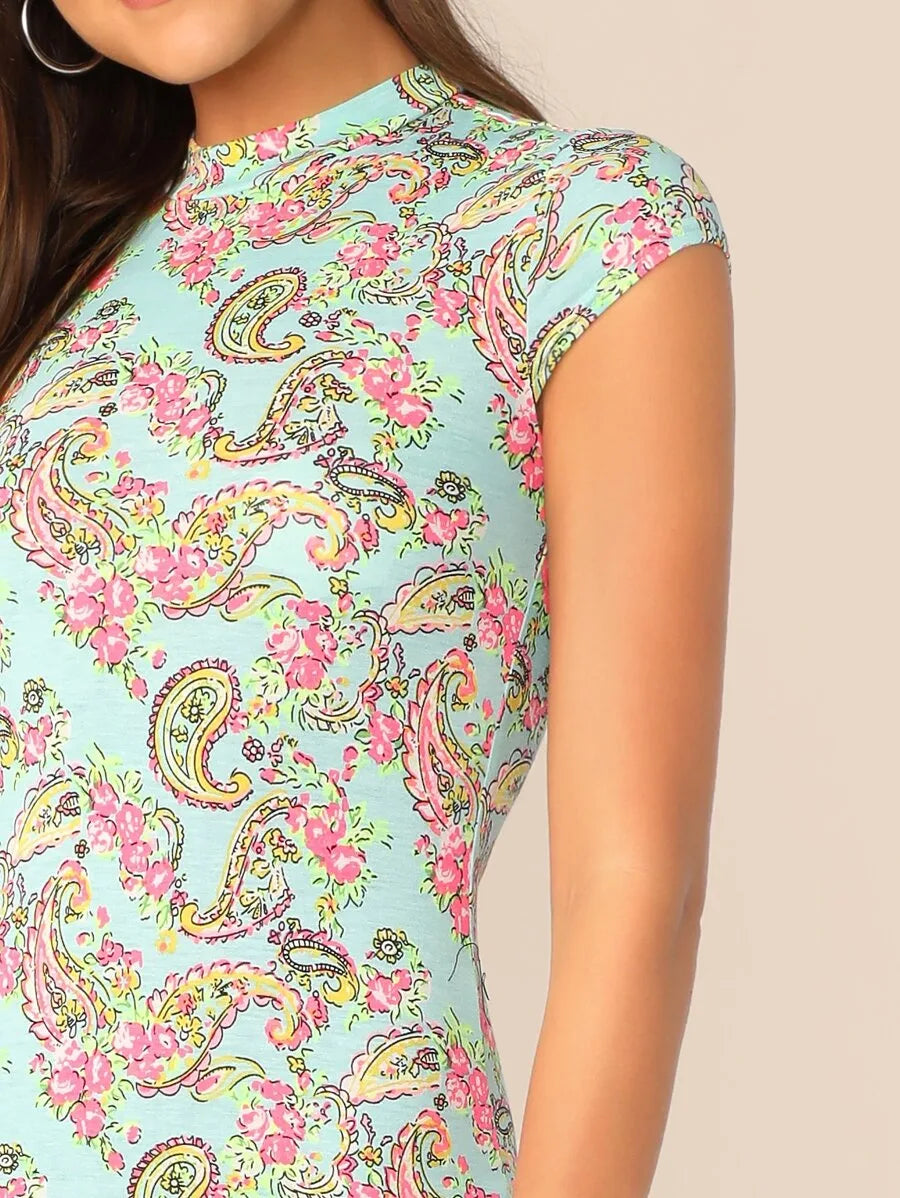 Mock-neck Paisley Print Bodycon Dress Periwinkley Shop