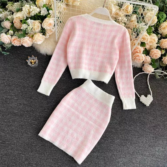 Korean Sweet Knit Plaid Cardigans & Camisole & Skirts 3pcs Sets Periwinkley Shop