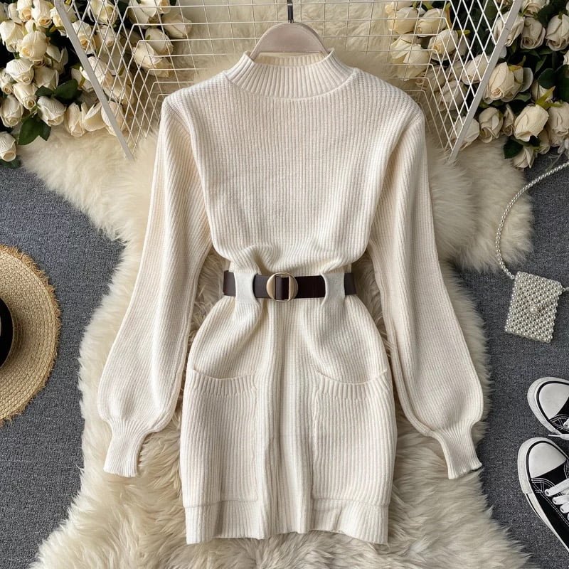 Guilantu Knitting Spring Autumn Turtleneck Puff Sleeve dress - White Periwinkley Shop