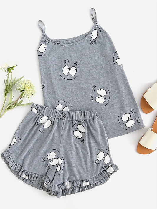 Cartoon Print Frill Trim Cami Pajama Set Periwinkley Shop