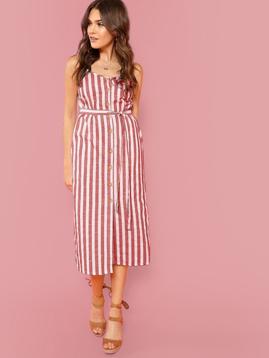 Button Through Self Belt Stripe Cami Dress Periwinkley Shop
