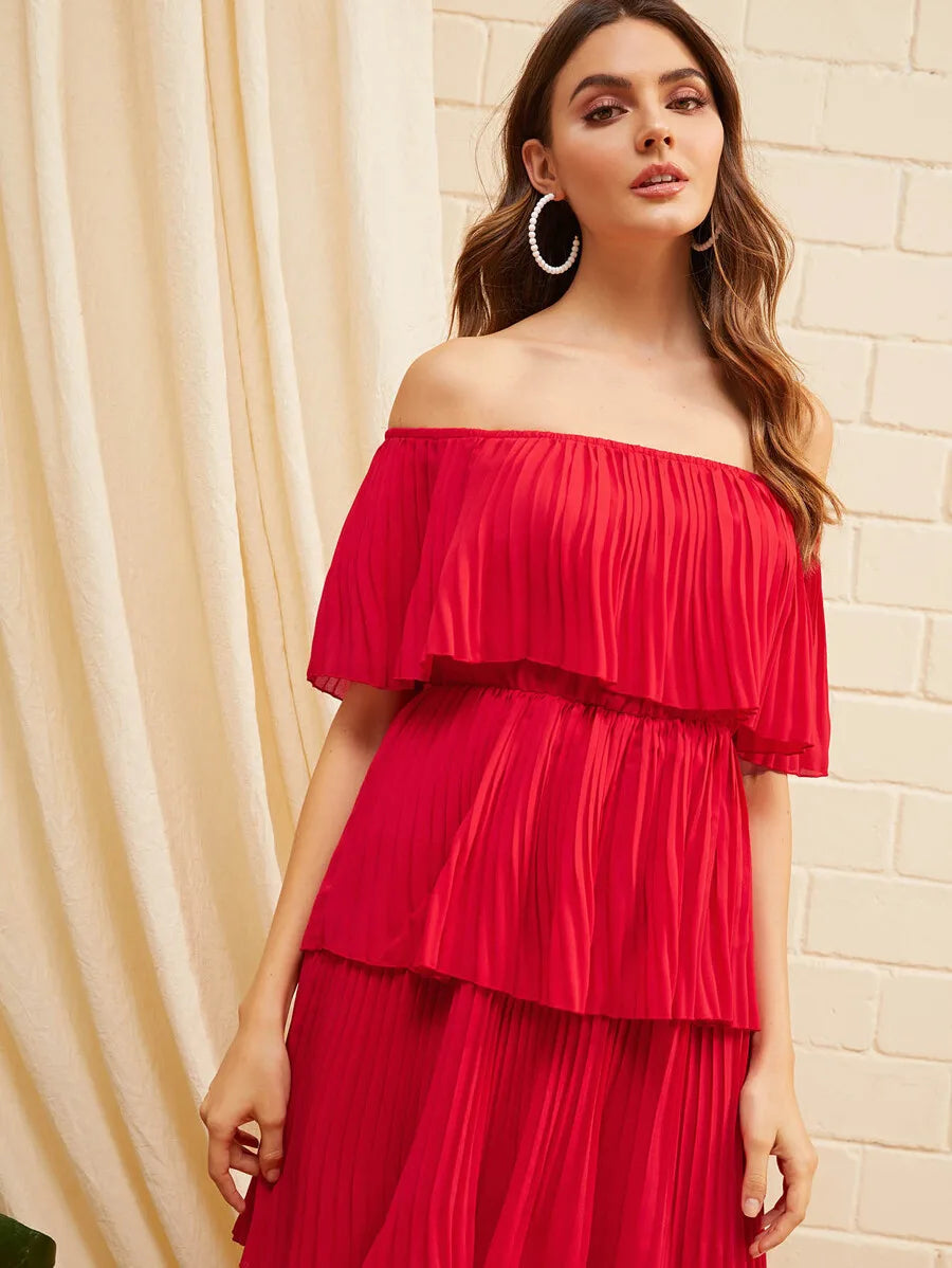 Foldover Front Off Shoulder Layered Pleated Dress Periwinkley Shop