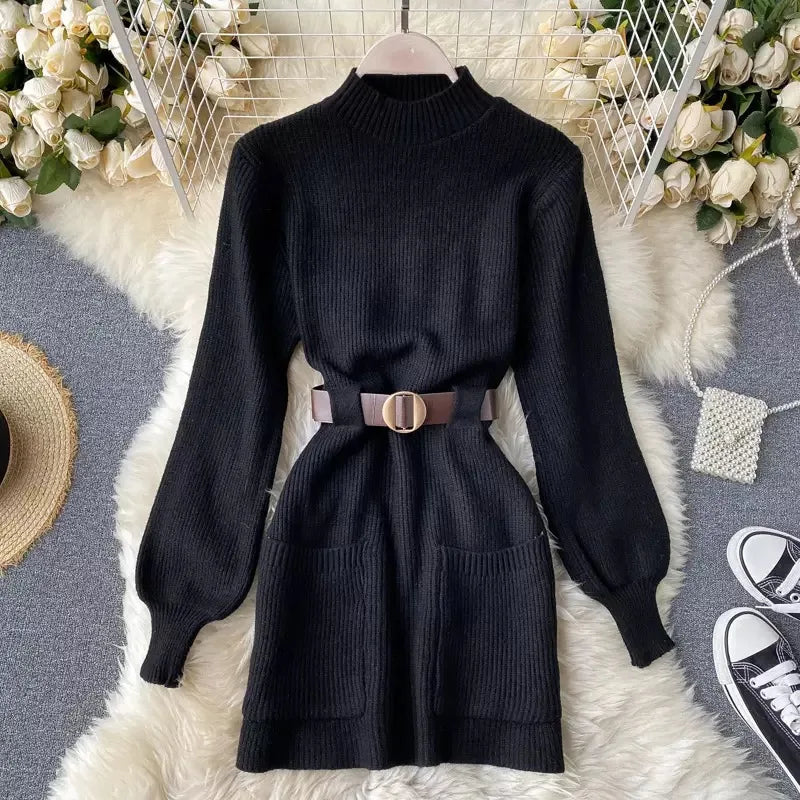 Guilantu Knitting Spring Autumn Turtleneck Puff Sleeve dress - Black Periwinkley Shop